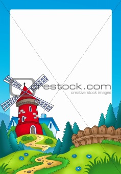 Frame with landscape and red mill
