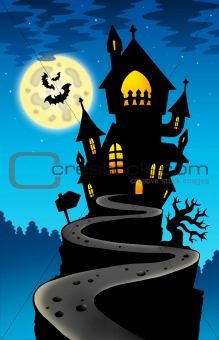 Haunted house on hill with Moon