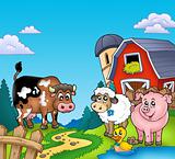 Red barn with farm animals