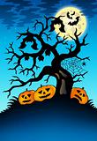 Spooky tree with bats and pumpkins