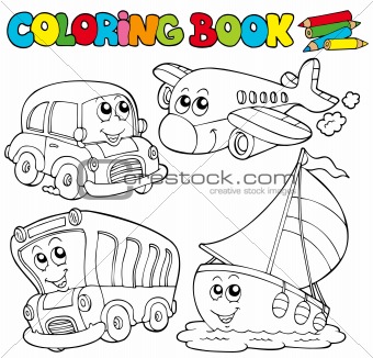 Coloring book with various vehicles