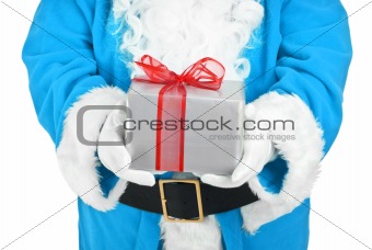 blue santa holding present