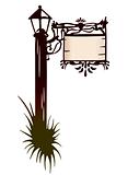 Wooden Post With Signboard, Lantern. Vector