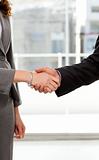 Close up of a businessman and businesswoman shaking their hands