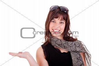 Happy Woman Showing Your Product, isolated on white background. Studio shot