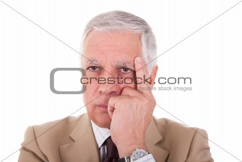 Portrait of a handsome mature businessman, thinking,  on white background, studio shot
