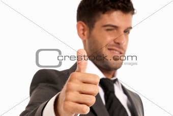 Young businessman ok symbol gesture, close-up isolated on white background