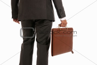 Unrecognizable businessman back with suitcase isolated on white background