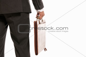 Unrecognizable businessman back with suitcase copy-space isolated on white background