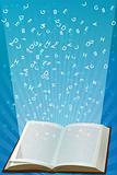 open book with alphabets flying