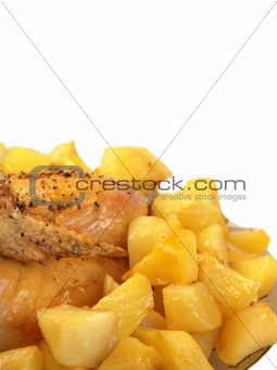 Tasty fries with chicken isolated on a white background 
