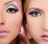 makeup closeupl macro two faces multiracial in pink