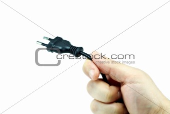Male hand with plug over white background