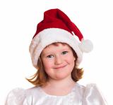 Portrait of pretty christmas girl in white dress and santa hat 