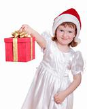Baby girl in Santa's hat holding her Christmas present isolated 