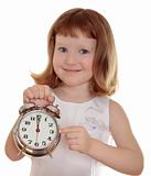 Portrait of little girl holding alarm clock, isolated over white