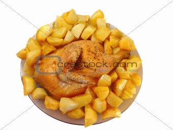 Tasty fries with chicken isolated on a white background 