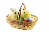 Bunny, Toy Chick and Easter Eggs in Basket