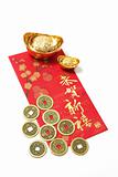 Chinese Coins and Gold Ingots on Red Packet