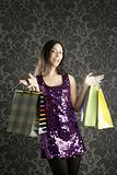 Shopaholic woman colorful bags retro dark wallpaper