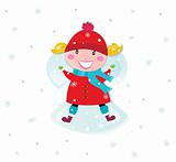 Happy christmas girl in red costume making angel in snow