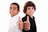 two young man of different colors, with thumb up, isolated on white, studio shot