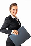 Smiling modern business woman  holding folders  with  documents
