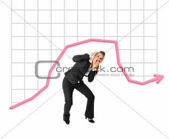 Full length portrait of afraidly modern business woman standing under finance graphic 
