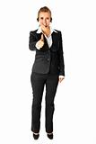 Smiling modern business woman with headset showing thumbs up gesture
