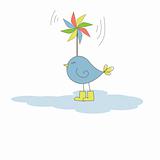 Bird with colorful windmill . Vector illustration