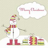 Christmas card with  snow man. Vector illustration