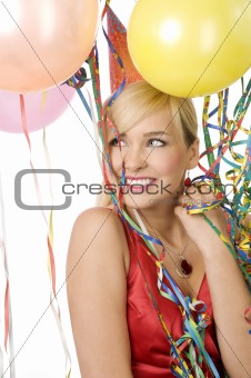 red dressed girl in party with balloons