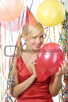 girl blond with red balloon 