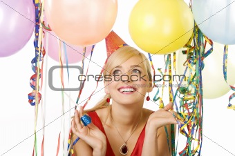 red dressed girl in party with balloons