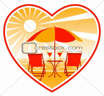 deckchairs on beach in heart