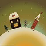Snow-covered country house christmas card