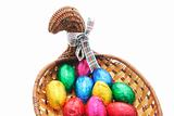 Easter Eggs in Chicken-shaped Cane Basket