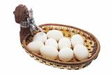 White Eggs on Chicken-shaped Cane Basket
