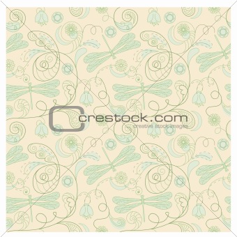 vector seamless floral background with dragonflies