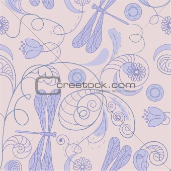 vector seamless floral background with dragonflies