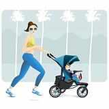 Mother jogging with stroller and toddler