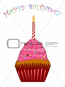 Happy Birthday Cupcake with Pink Frosting and Candle