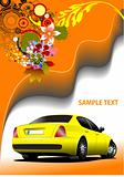 Floral background with yellow car image. Vector illustration. In