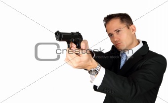 A Secret Agent taking aim with his pistol