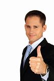Portrait of a handsome young man in a business suit giving the thumbs-up