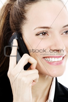 Young businesswoman with mobile on white background studio
