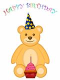 Birthday Teddy Bear with Party Hat and Cupcake