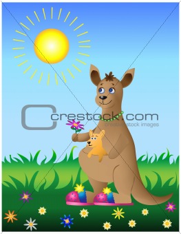 Kangaroo with baby on meadow