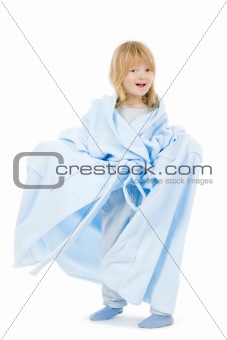 boy with long blond hair in bathrobe of his mother - isolated on white