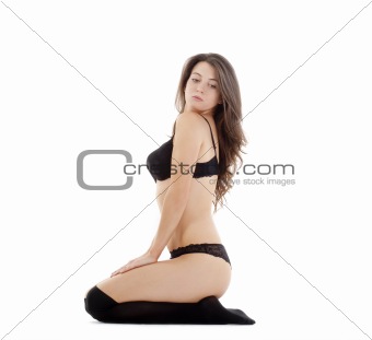 beautiful young woman in sexy black underwear - isolated on white